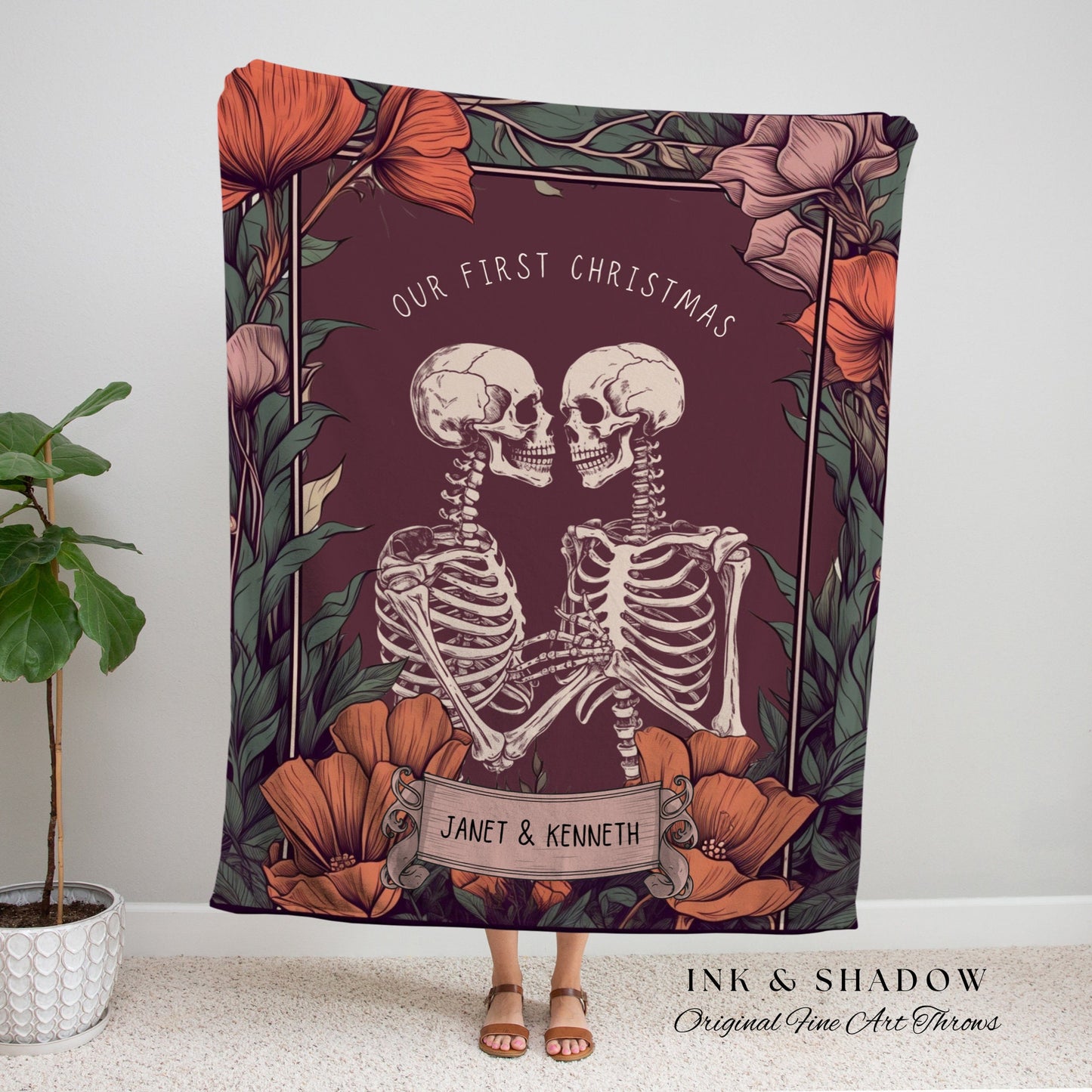 Vintage Halloween Skeleton Tapestry 'Our First Christmas' Custom Gift | Gothic Christmas Custom Blanket Woven | Gift Personalized Halloween