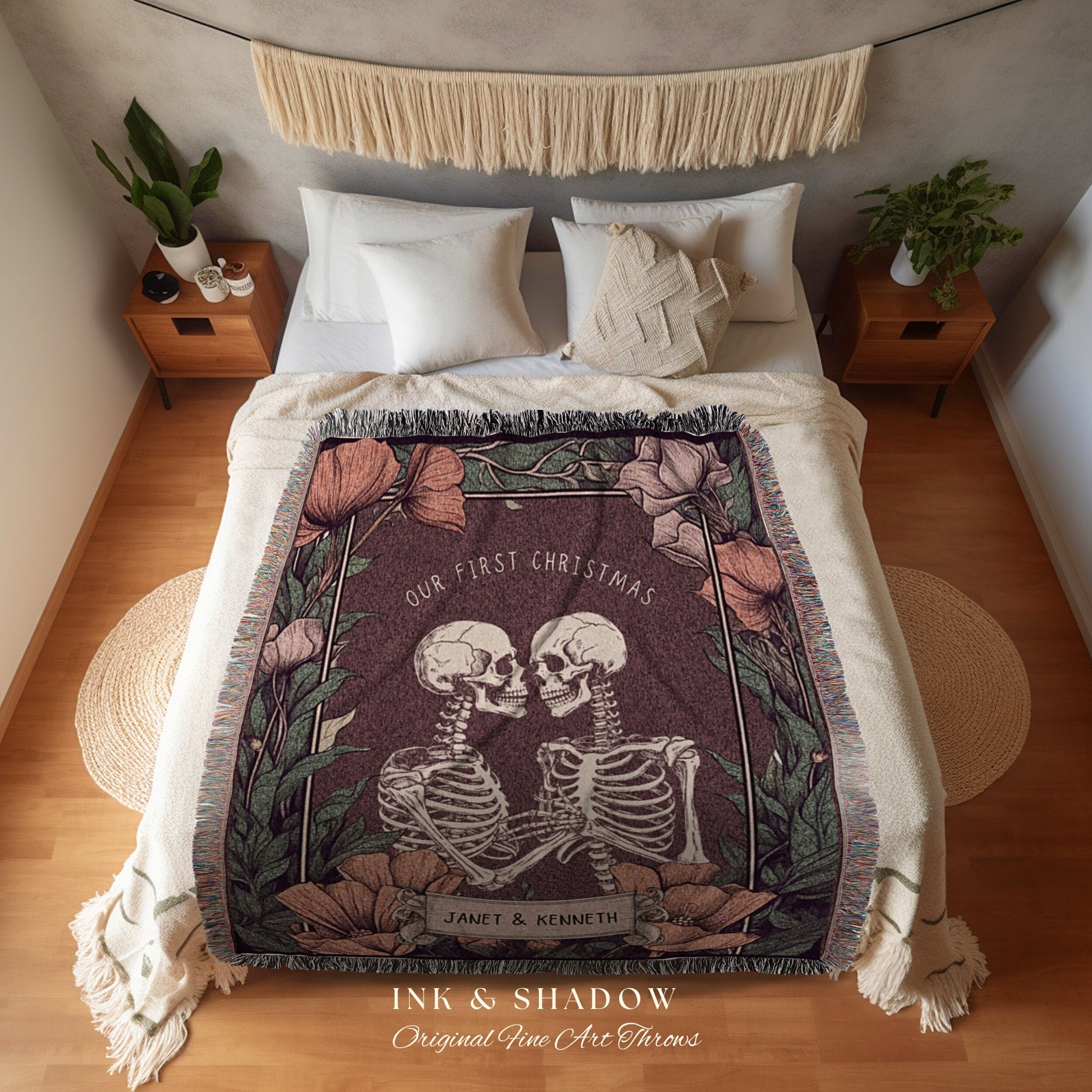 Vintage Halloween Skeleton Tapestry 'Our First Christmas' Custom Gift | Gothic Christmas Custom Blanket Woven | Gift Personalized Halloween