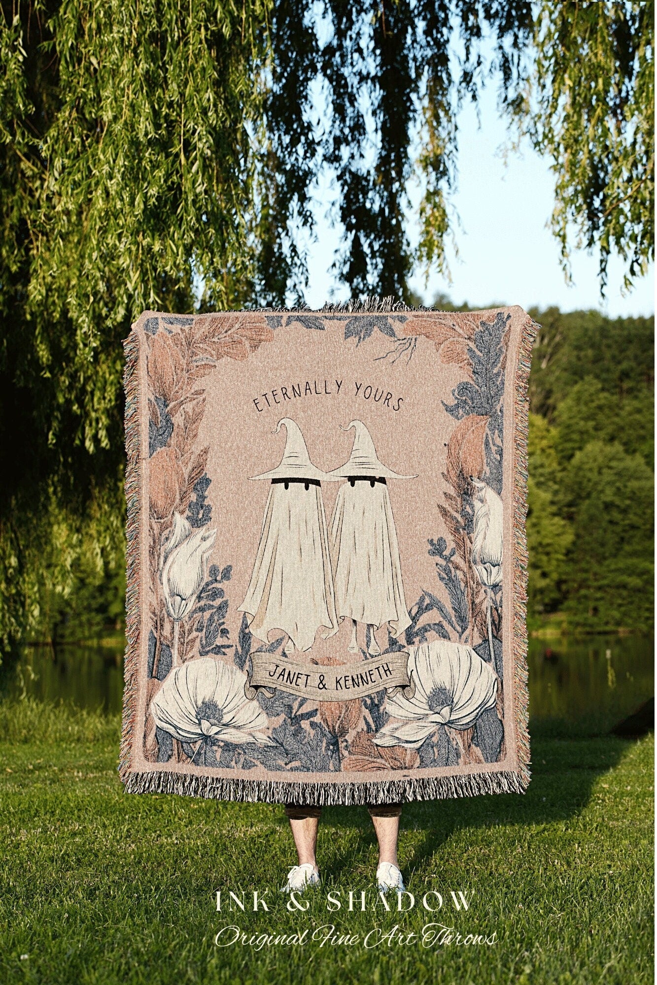 Pastel Goth 'Eternally Yours' Custom Ghost Blanket Personalized Couples Tapestry | Cottagecore Halloween Tapestry Ghost Blanket Halloween |