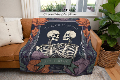 Couple Gift 'Til Death Do Us Part' | Personalized Tapestry Gothic Wedding Custom Blanket Woven Tapestry Skeleton Couple Gift Wedding Custom