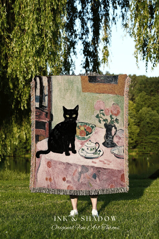 Vintage Cat Painting Tapestry Blanket Cottagecore | Boho Room Decor Van Gogh Inspired Art Blanket | Funny Tapestry Black Cat Decor Eclectic