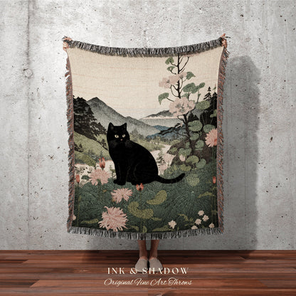 Boho Cat Tapestry Blanket | Japanese Room Decor Van Gogh Inspired Art Blanket | Autumn Decor Tapestry Black Cat Blanket Dorm Room Decor Boho