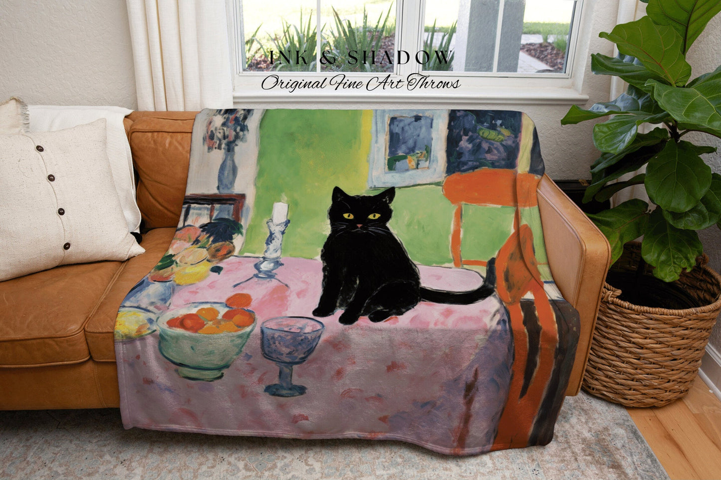 Black Cat Tapestry Blanket | Eclectic Room Decor Van Gogh Inspired Art Blanket | Funny Tapestry Black Cat Goth Decor Whimsical Dorm Decor |