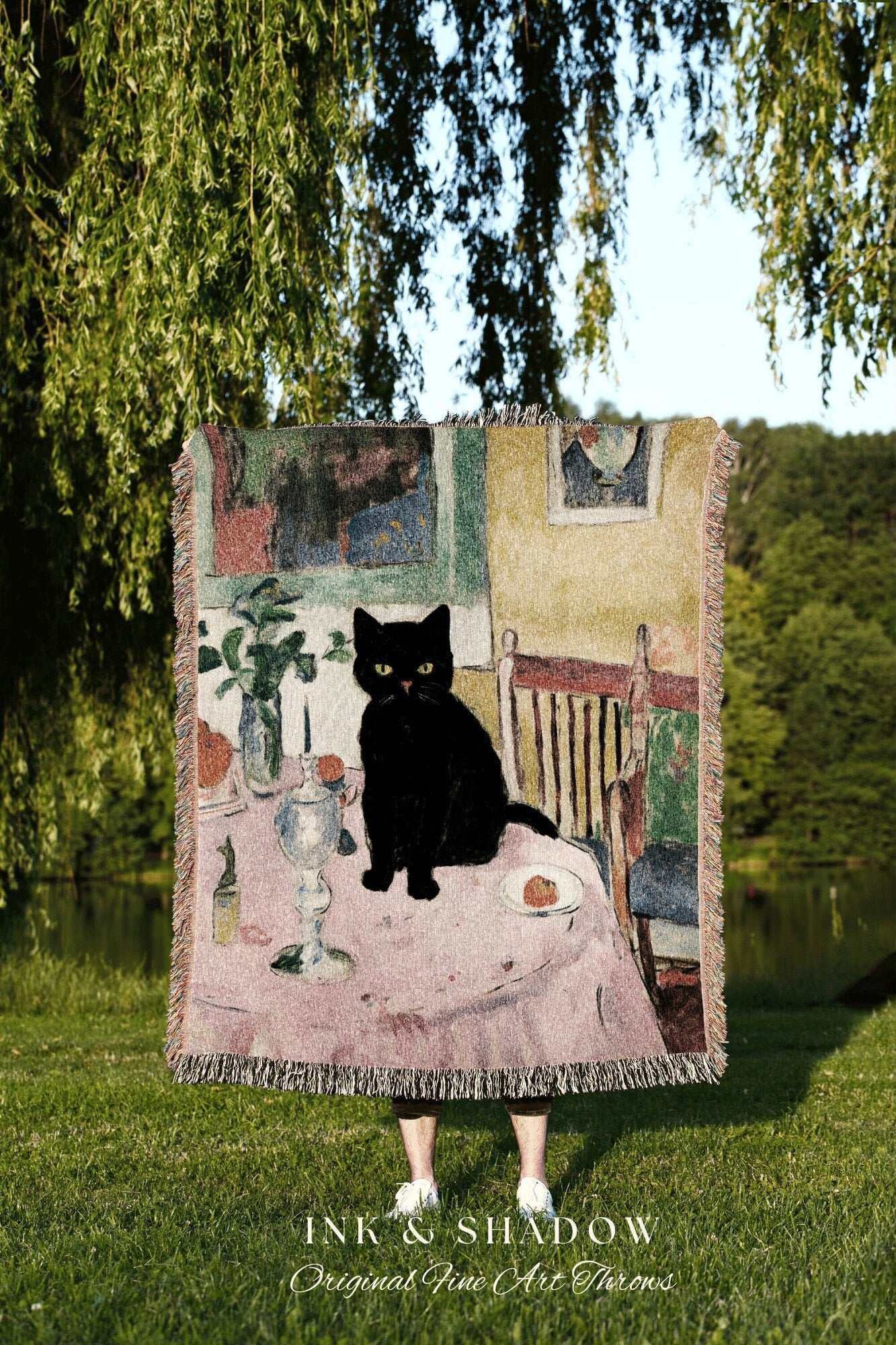 Eclectic Room Decor Black Cat Tapestry Blanket | Boho Room Decor Van Gogh Inspired Art Blanket | Funny Tapestry Black Cat Decor Whimsical |