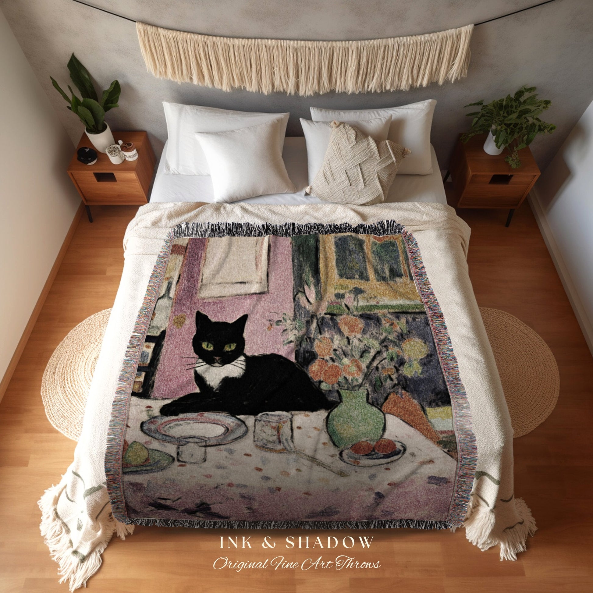 Whimsical Cat Tapestry Blanket | Eclectic Room Decor Van Gogh Inspired Art Blanket | Funny Tapestry Black Cat Decor Whimsical Dorm Decor |