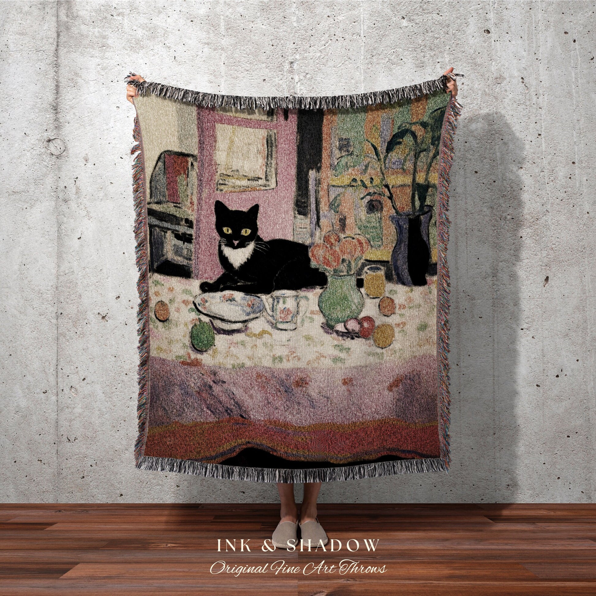 Whimsical Cat Tapestry Blanket | Eclectic Room Decor Van Gogh Inspired Art Blanket | Funny Tapestry Black Cat Decor Whimsical Dorm Decor |