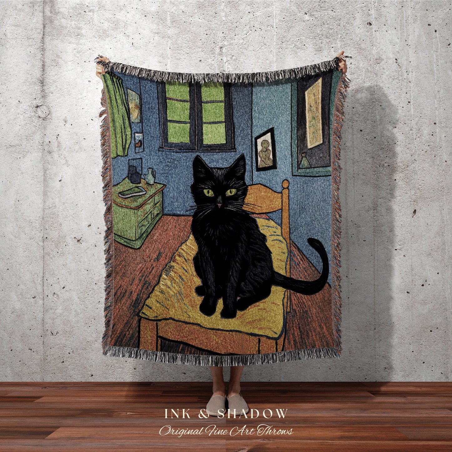 Bedroom Tapestry Blanket Black Cat Painting | Boho Room Decor Van Gogh Inspired Art Blanket | Funny Tapestry Black Cat Decor Whimsical Art |