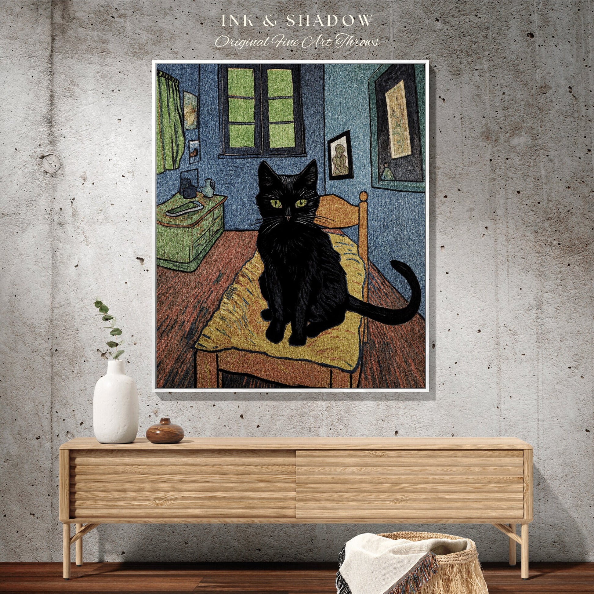 Bedroom Tapestry Blanket Black Cat Painting | Boho Room Decor Van Gogh Inspired Art Blanket | Funny Tapestry Black Cat Decor Whimsical Art |