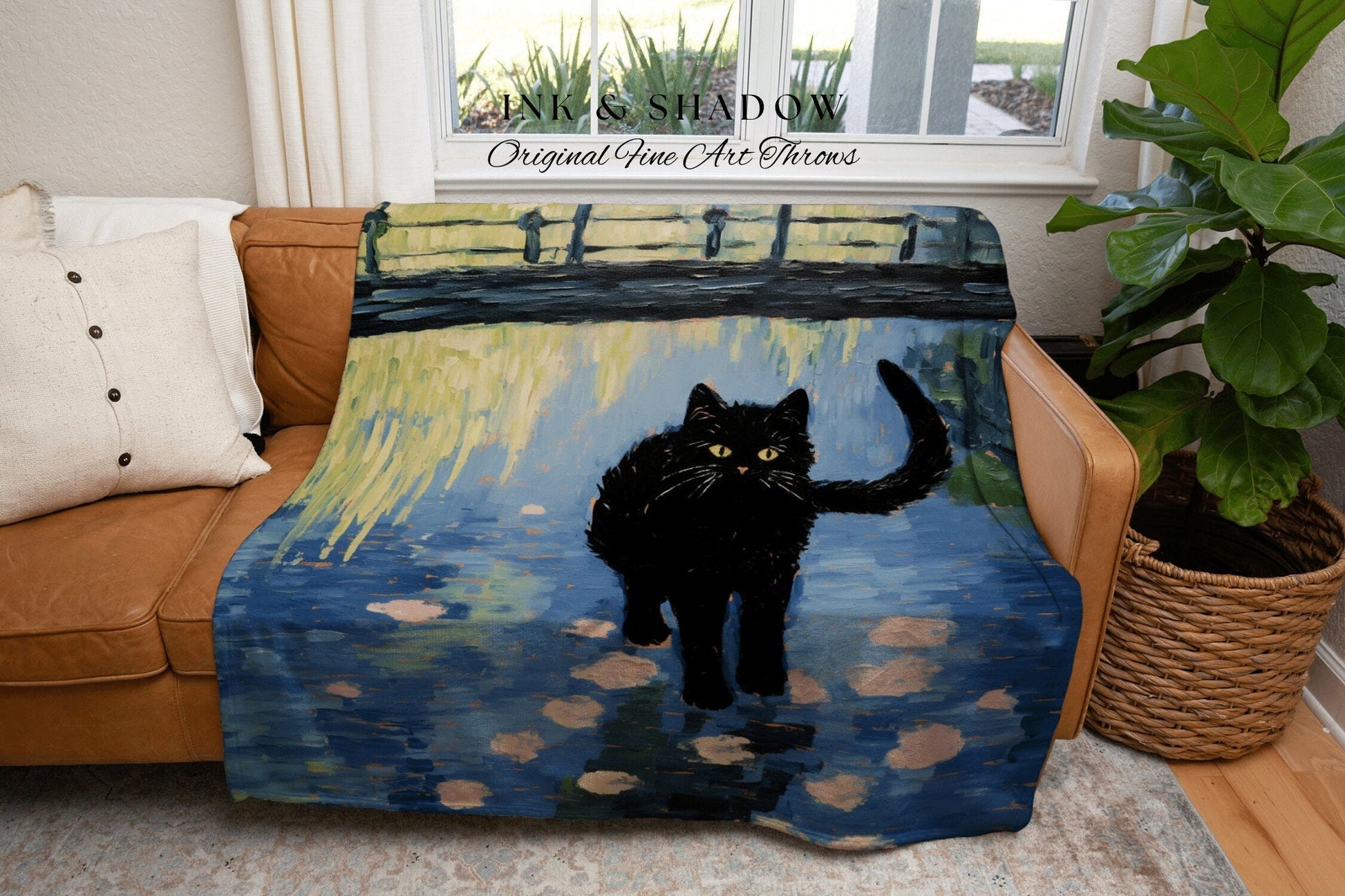 Black Cat Blanket Woven Tapestry Vintage Art Claude Monet Bridge Over a Pond of Water Lilies | Black Cat Blanket Monet Art History Gift |