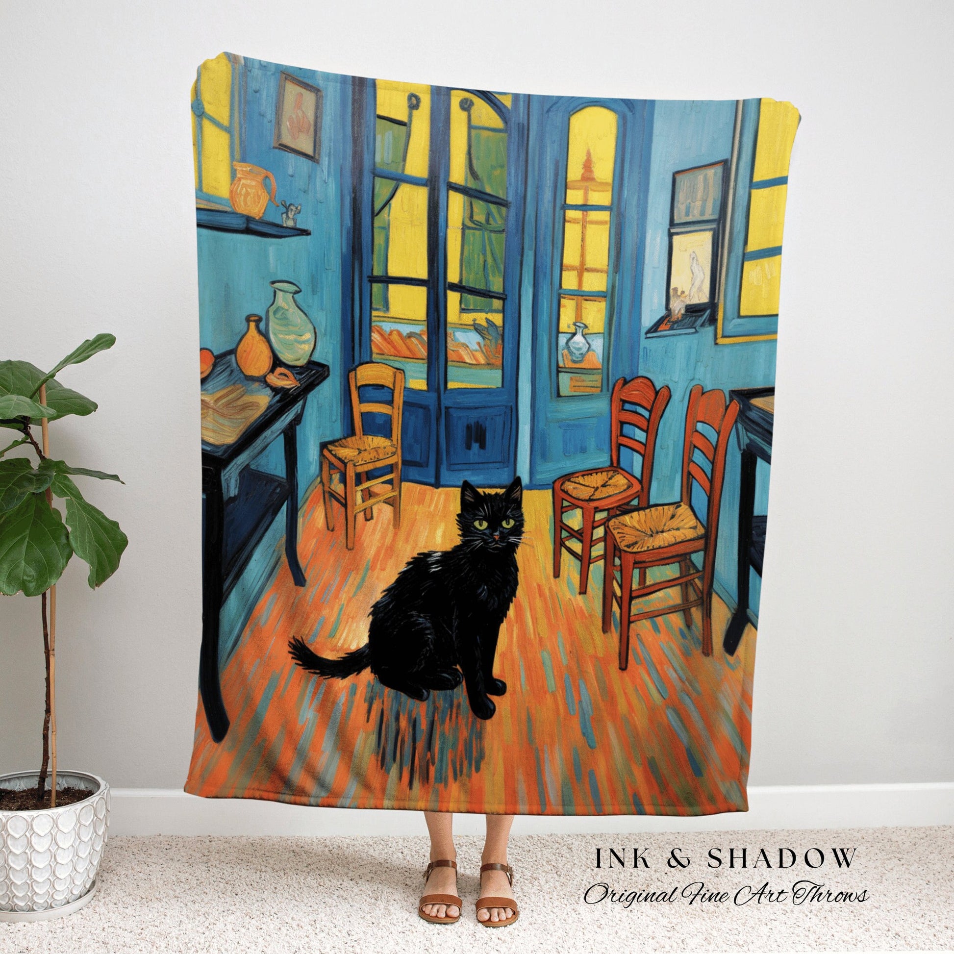 Black Cat Tapestry Blanket Woven Wall Hanging | Boho Room Decor Van Gogh Inspired Art Blanket | Funny Tapestry Black Cat Decor Whimsical |