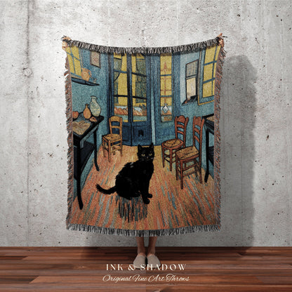 Black Cat Tapestry Blanket Woven Wall Hanging | Boho Room Decor Van Gogh Inspired Art Blanket | Funny Tapestry Black Cat Decor Whimsical |