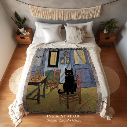 Van Gogh Inspired Tapestry Black Cat Blanket | Eclectic Room Decor Van Gogh Inspired Art Blanket | Funny Tapestry Black Cat Goth Dorm Decor