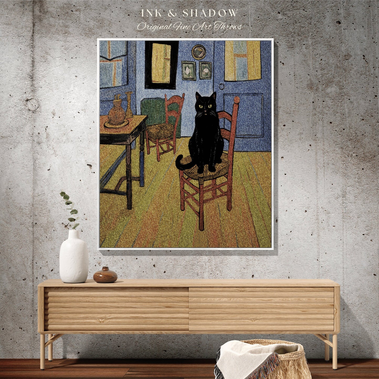 Van Gogh Inspired Tapestry Black Cat Blanket | Eclectic Room Decor Van Gogh Inspired Art Blanket | Funny Tapestry Black Cat Goth Dorm Decor