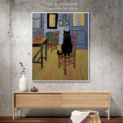 Van Gogh Inspired Tapestry Black Cat Blanket | Eclectic Room Decor Van Gogh Inspired Art Blanket | Funny Tapestry Black Cat Goth Dorm Decor