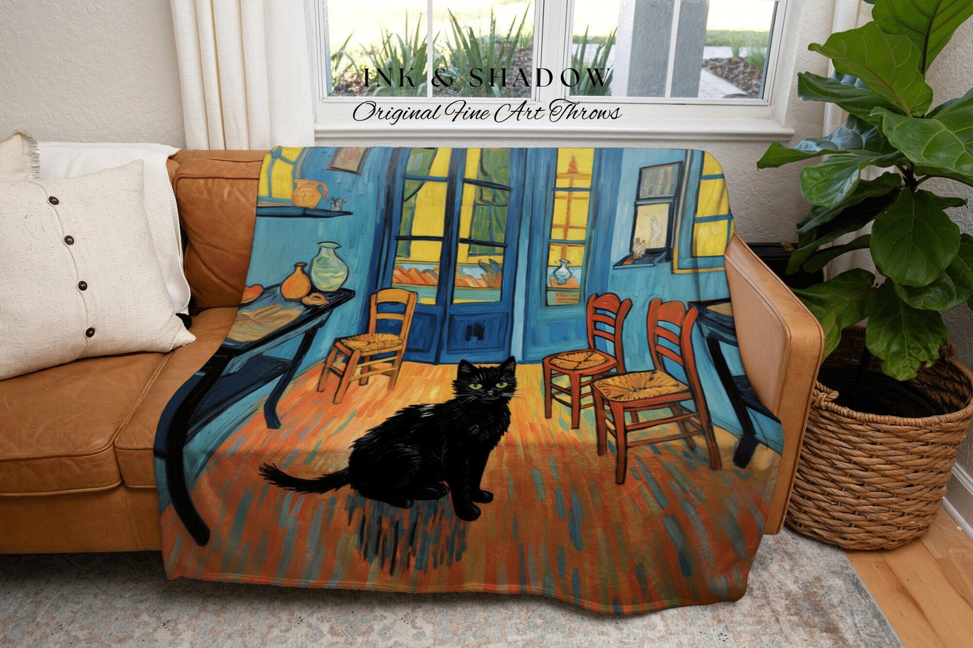 Black Cat Tapestry Blanket Woven Wall Hanging | Boho Room Decor Van Gogh Inspired Art Blanket | Funny Tapestry Black Cat Decor Whimsical |