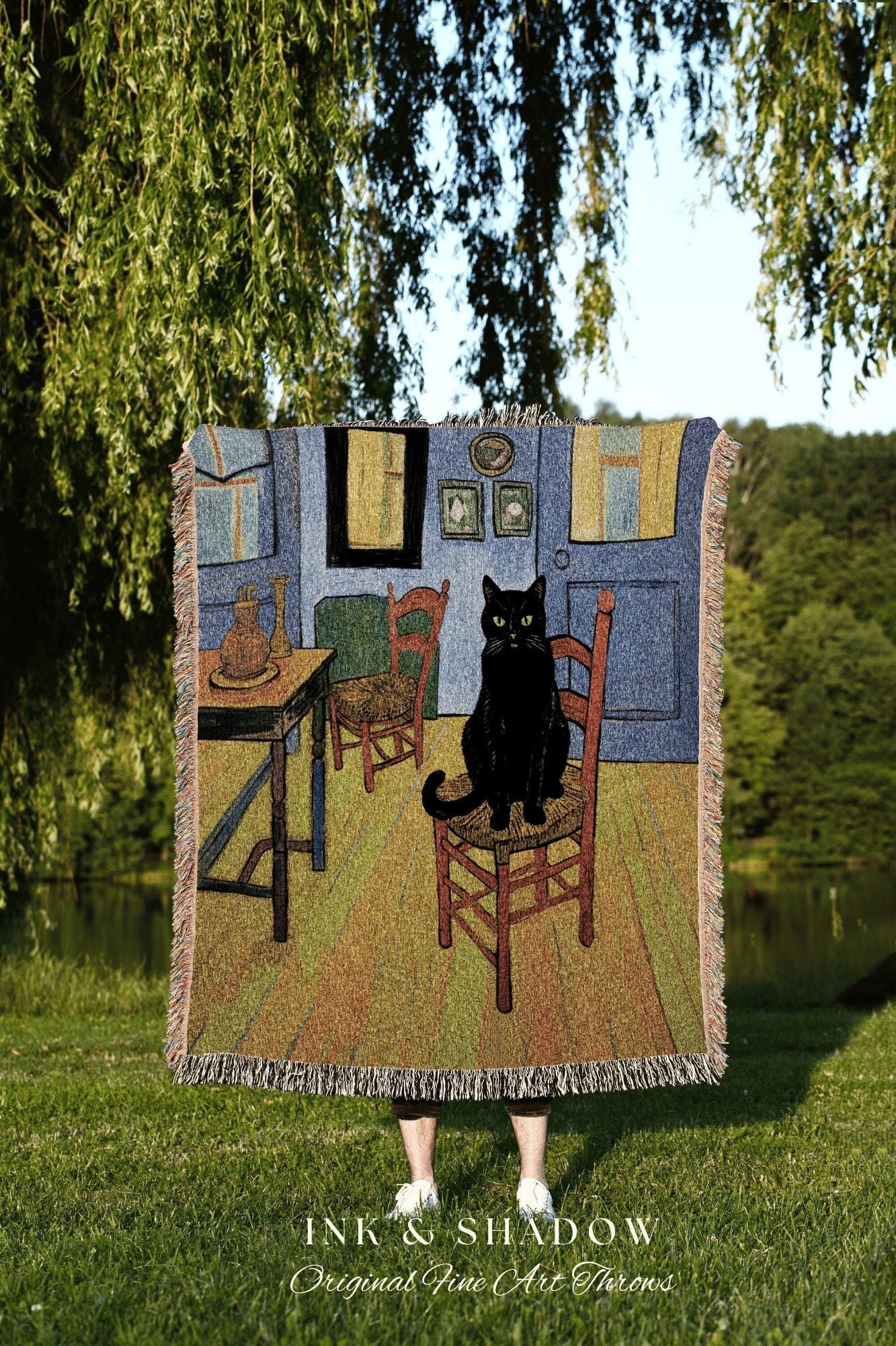 Van Gogh Inspired Tapestry Black Cat Blanket | Eclectic Room Decor Van Gogh Inspired Art Blanket | Funny Tapestry Black Cat Goth Dorm Decor