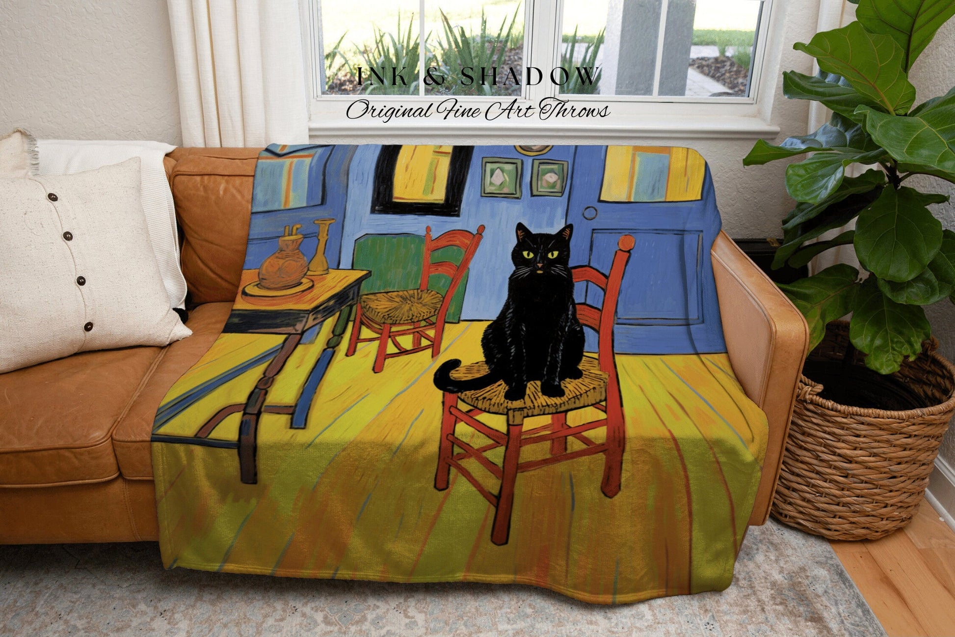 Van Gogh Inspired Tapestry Black Cat Blanket | Eclectic Room Decor Van Gogh Inspired Art Blanket | Funny Tapestry Black Cat Goth Dorm Decor