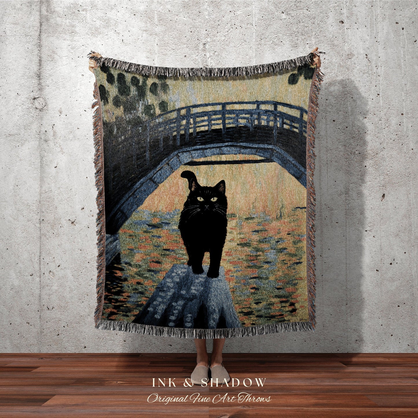 Moody Landscape Tapestry Blanket Woven Art Claude Monet Bridge Over a Pond of Water Lilies | Black Cat Tapestry Monet Inspired Decor Pastel