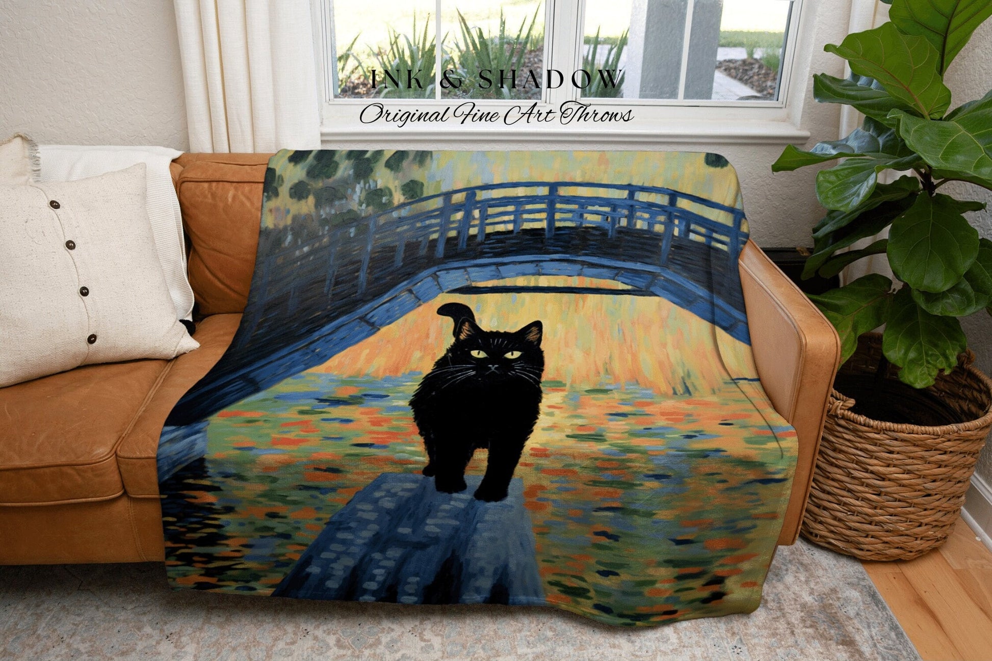 Moody Landscape Tapestry Blanket Woven Art Claude Monet Bridge Over a Pond of Water Lilies | Black Cat Tapestry Monet Inspired Decor Pastel