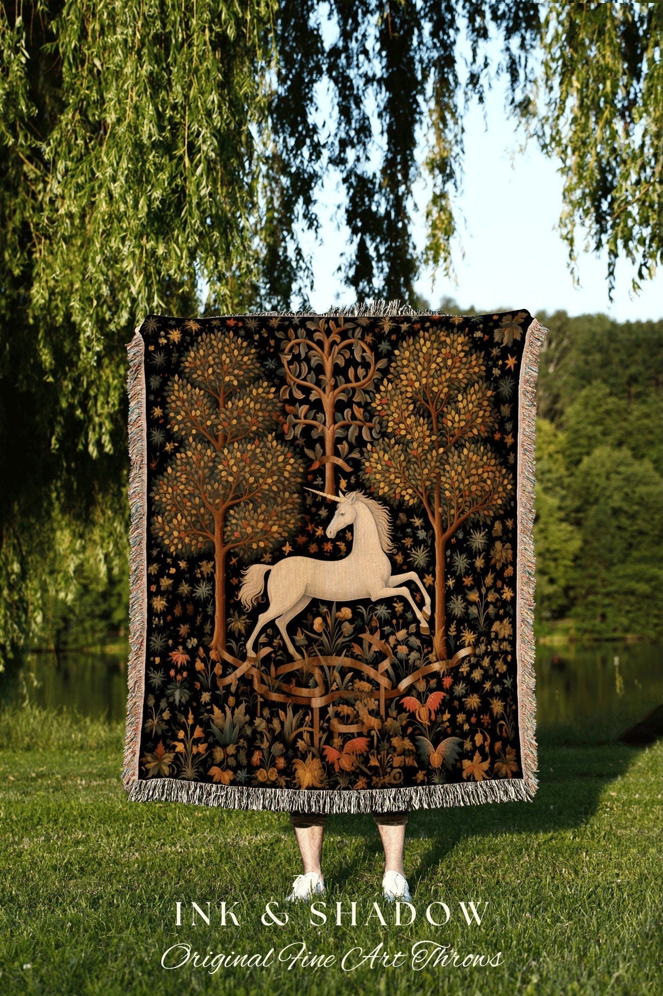 Medieval Unicorn Art Blanket Woven | Whimsical Room Decor Tapestry Cottagecore | Fairycore Aesthetic Room Decor Magical Tapestry Unicorn Art