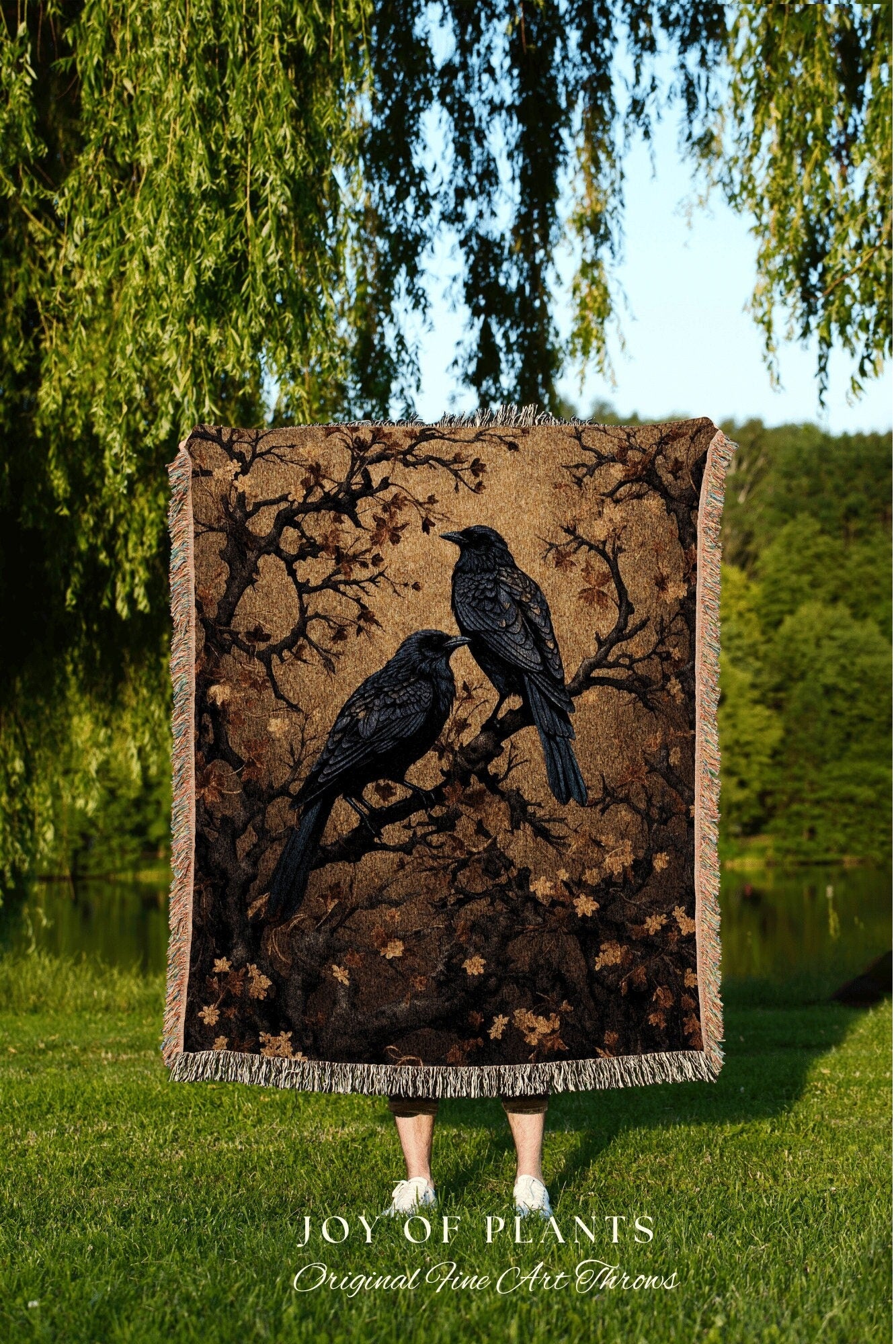 Crow Decor Gothic Tapestry Whimsigoth Blanket | Dark Cottagecore Tapestry Raven Home Decor | Crowcore Woven Goth Blanket Witchy Room Decor |