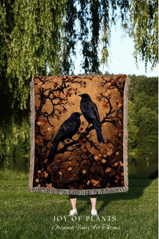 Crow Decor Gothic Tapestry Whimsigoth Blanket | Dark Cottagecore Tapestry Raven Home Decor | Crowcore Woven Goth Blanket Witchy Room Decor |