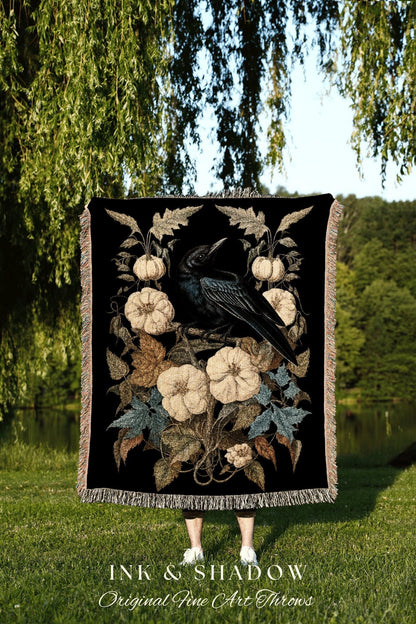 Dark Floral Room Decor Crowcore Tapestry Whimsigoth | Dark Cottagecore Tapestry Raven Home Decor | Macabre Home Decor Witchy Occult Art |