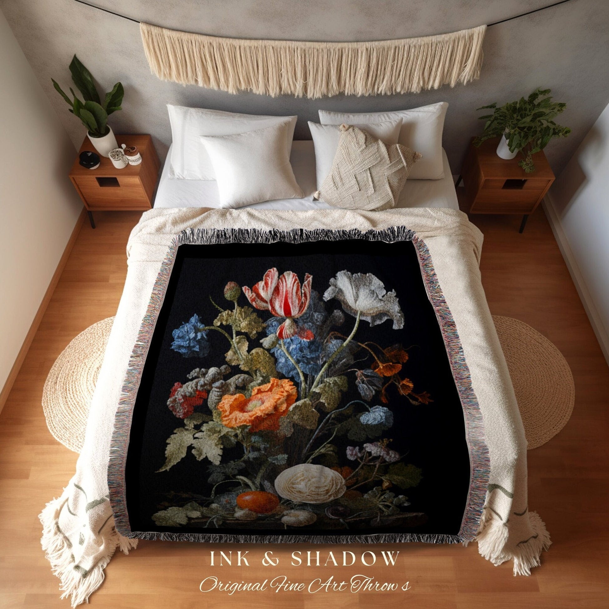 Baroque Floral Goth Tapestry Woven Wall Hanging | Jan Davidsz de Heem Flower Painting Blanket Woven | Whimsigoth Room Decor Witchy Aesthetic