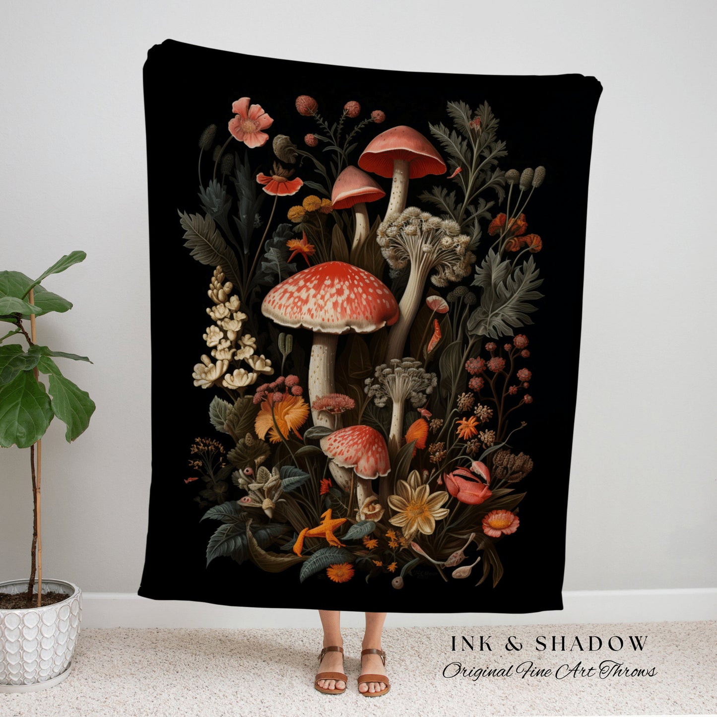 Mushroom Blanket Woven Wall Hanging | Vintage Mushroom Painting Tapestry Woven | Dark Cottagecore Decor Witch Aesthetic Mushroom Tapestry |