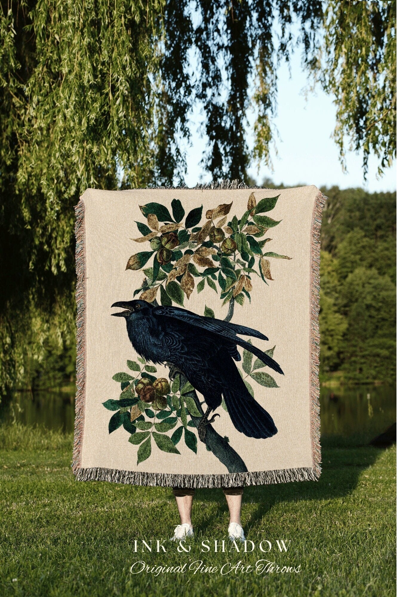 Woodland Gothic Room Decor Gothic Blanket Woven Tapestry | Crow Raven Decor Dark Cottagecore Tapestry Woven Throw Blanket Whimsigoth Decor |