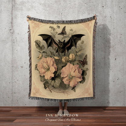 Bat Lithograph Antique Tapestry Blanket Woven Wall Hanging | Bat Decor Dark Academia Room Decor Vintage Tapestry Woven Throw Blanket Gothic