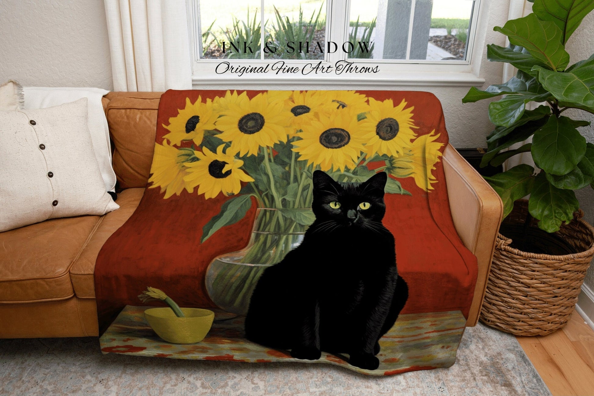 Sunflower Cat Painting Tapestry Vincent Van Gogh Blanket Black Cat Art | Funny Tapestry Van Gogh Painting Famous Art Blanket Dorm Decor Boho