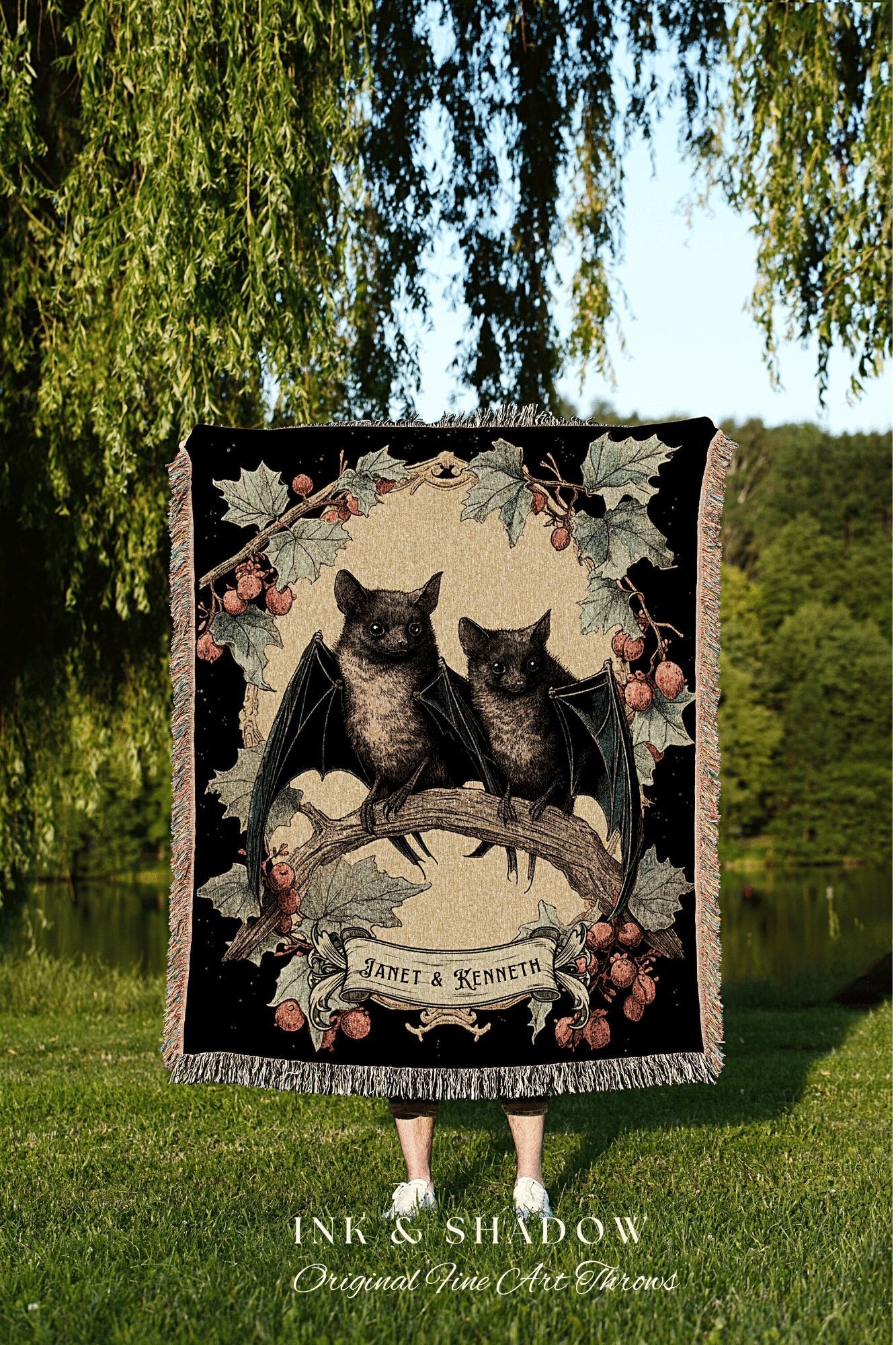 Personalized Bat Blanket Vintage Gift | Gothic Christmas Personalized Blanket Woven | Gifts for Goth Couples Holiday Bat Blanket Vintage |