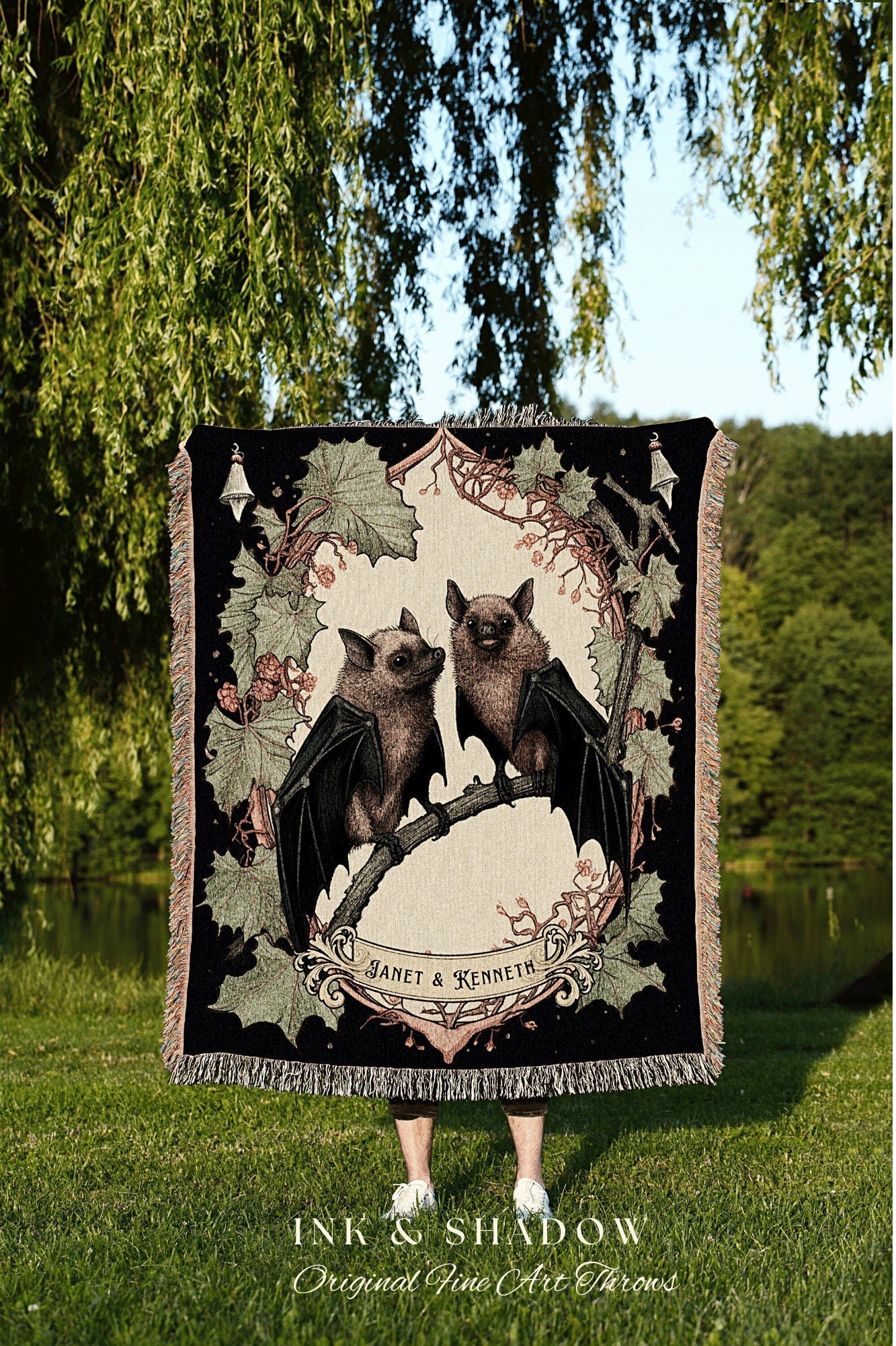 Custom Couples Blanket Personalized Gift | Gothic Christmas Personalized Blanket Woven | Gift for Goth Couples Holiday Bat Blanket Vintage