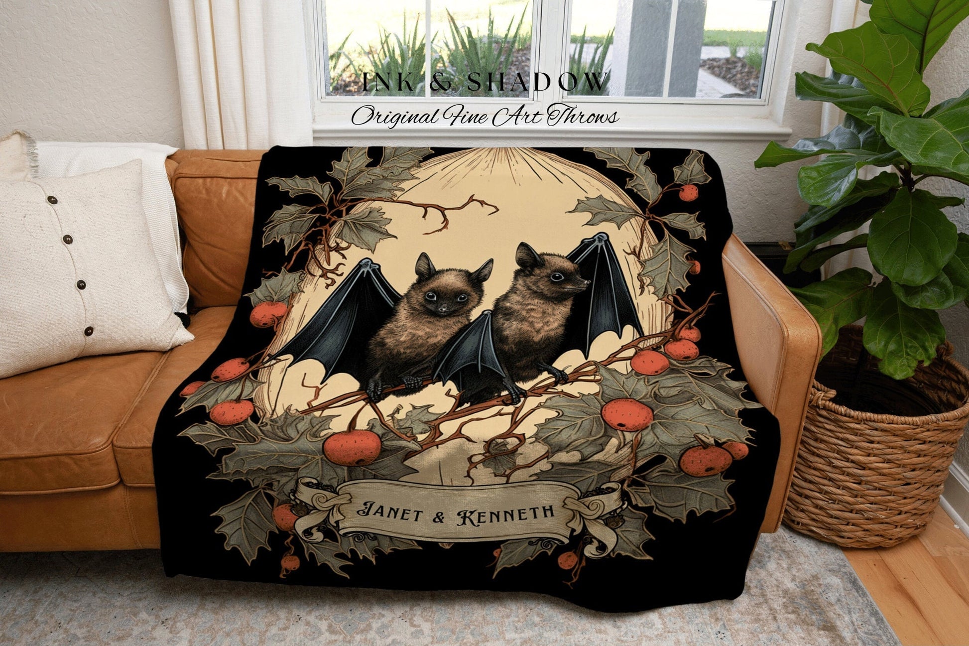 Vintage Bat Blanket Personalized Couples Gift Gothic Wedding Custom Blanket Woven | Gift for Goth Couples Holiday Bat Blanket Gothic Decor