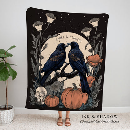 Personalized Crow Couple Blanket Woven Tapestry | Custom Goth Couple Gift Raven Tapestry | Name Blanket Anniversary Gift for Goth Couple |