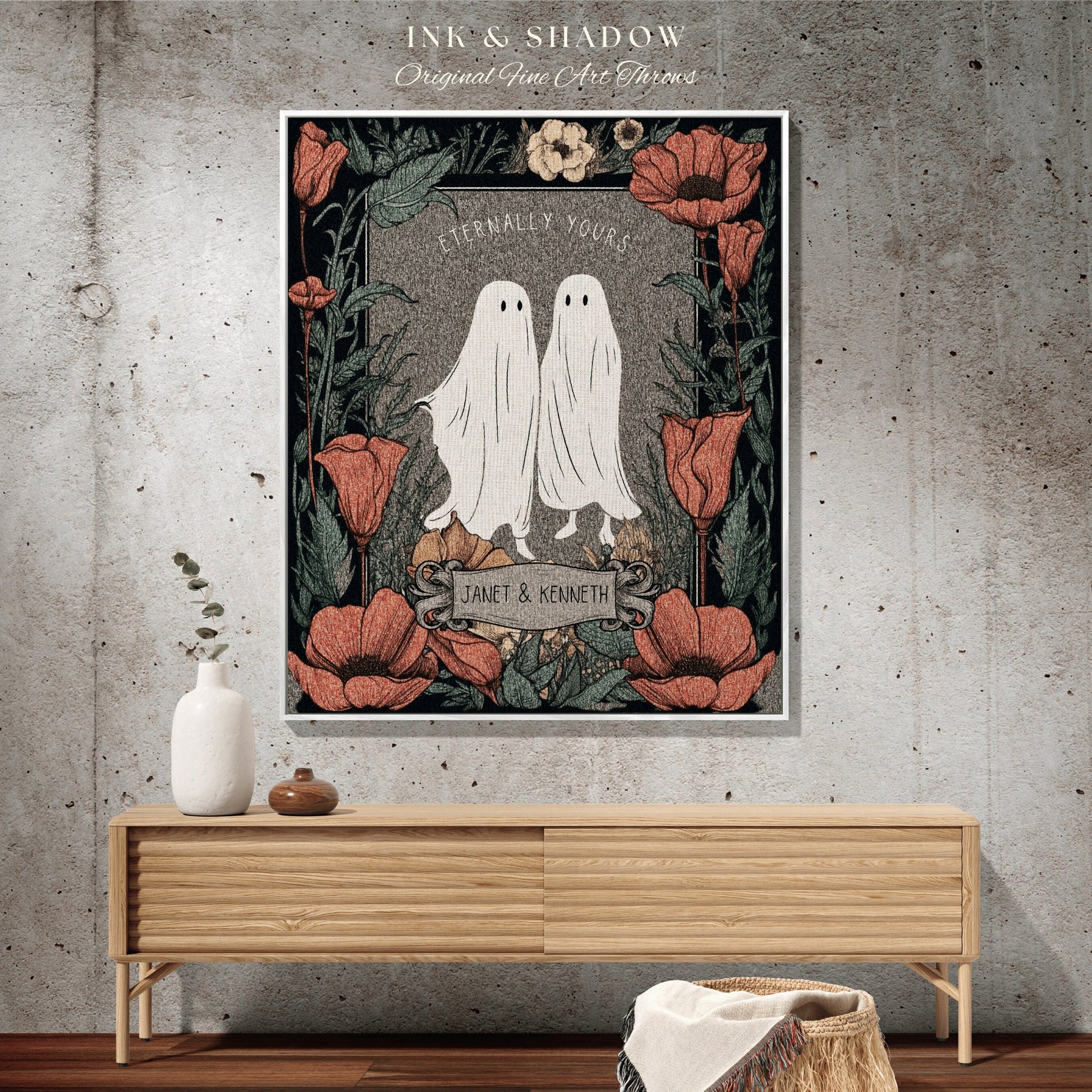 Custom 'Eternally Yours' Ghost Couple Tapestry Personalized Gift | Gothic Wedding Custom Blanket Woven | Gift Personalized Halloween Blanket