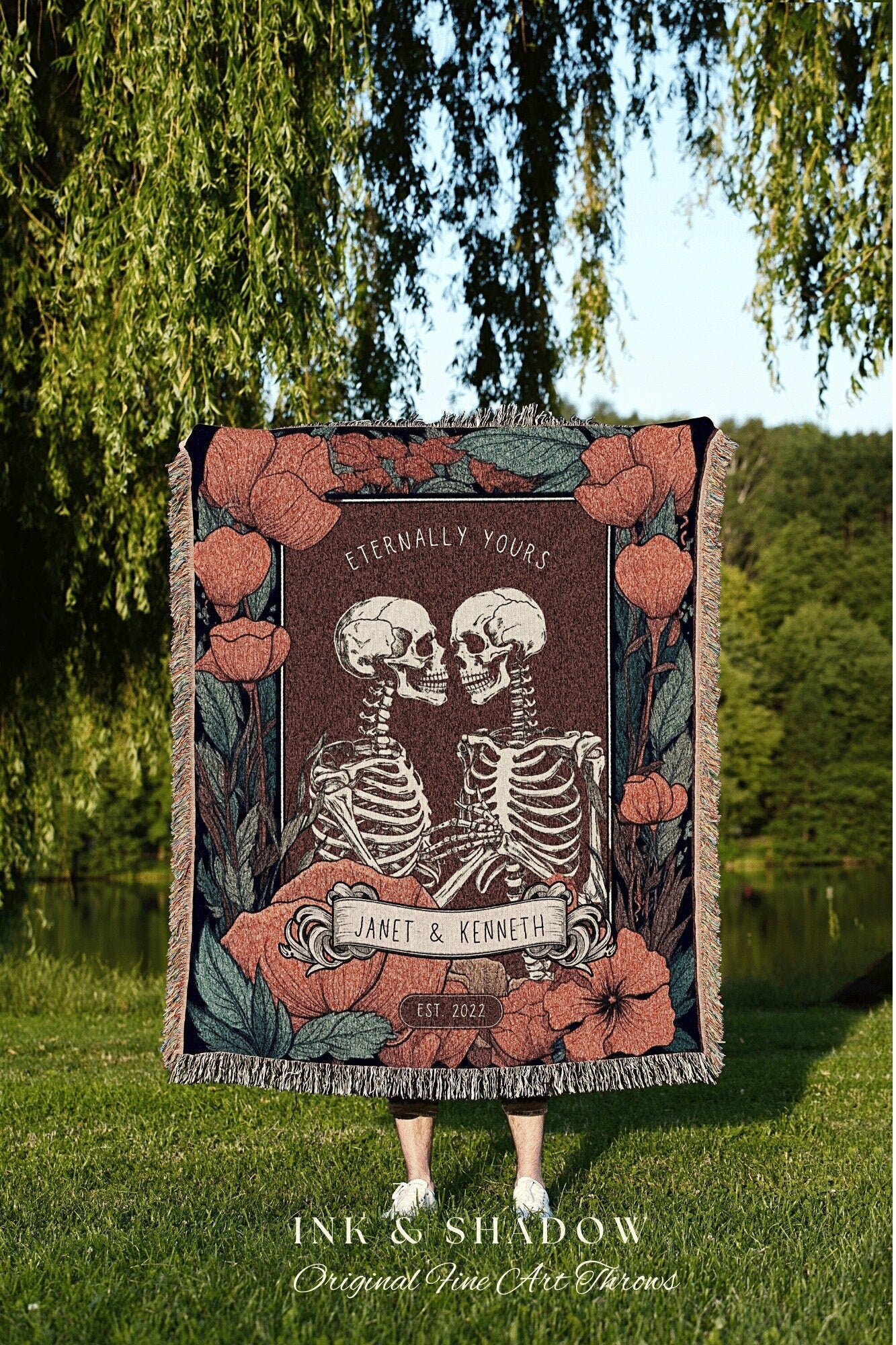 Eternally Yours Skeleton Couple Gift Personalized Tapestry | Gothic Wedding Custom Blanket Woven Tapestry | Spooky Wedding Gift Custom Art |