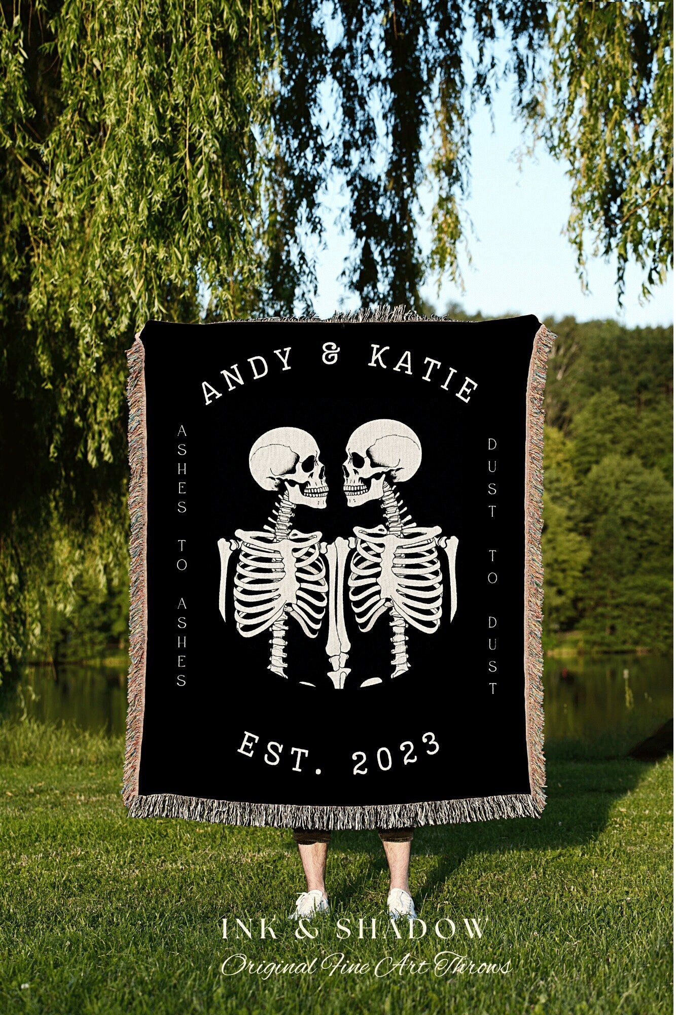 Personalized Skeleton Blanket | Ashes to Ashes, Dust to Dust Minimalist Skeleton Blanket Custom Gift | Gothic Wedding Custom Blanket Woven |