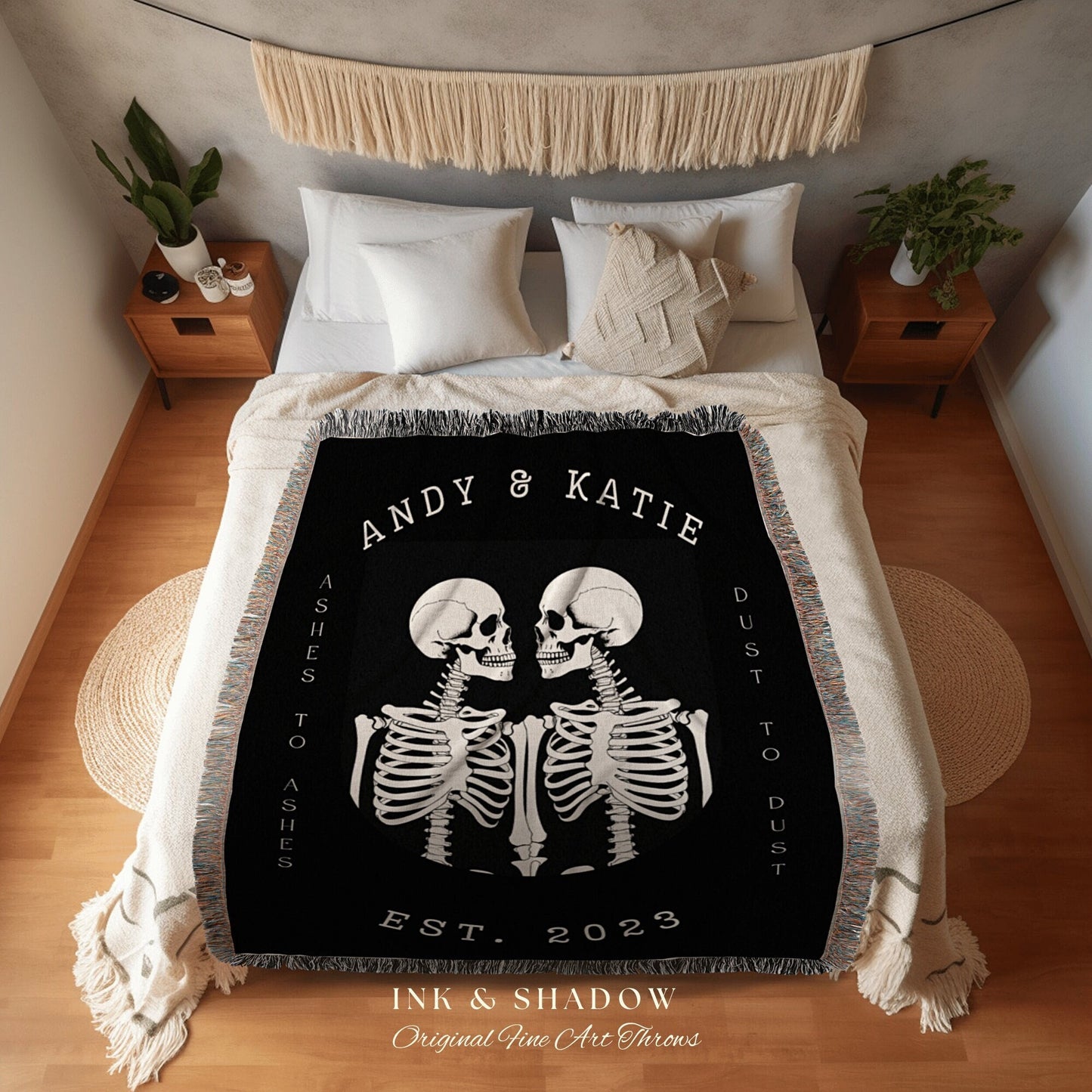 Personalized Skeleton Blanket | Ashes to Ashes, Dust to Dust Minimalist Skeleton Blanket Custom Gift | Gothic Wedding Custom Blanket Woven |