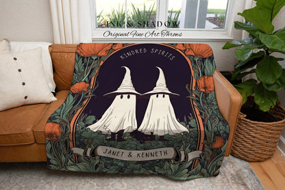 Cute Ghost Friends Blanket 'Kindred Spirits' Custom Gift | Gothic Christmas Custom Blanket Woven | Spooky Cute Gift Personalized Halloween |