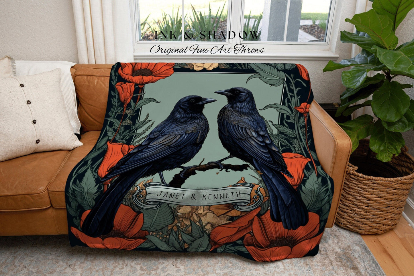 Raven Blanket Custom Couples Tapestry Personalized Gift | Goth Gift Personalized Blanket Woven Tapestry Gift for Goth Couples Crowcore Decor