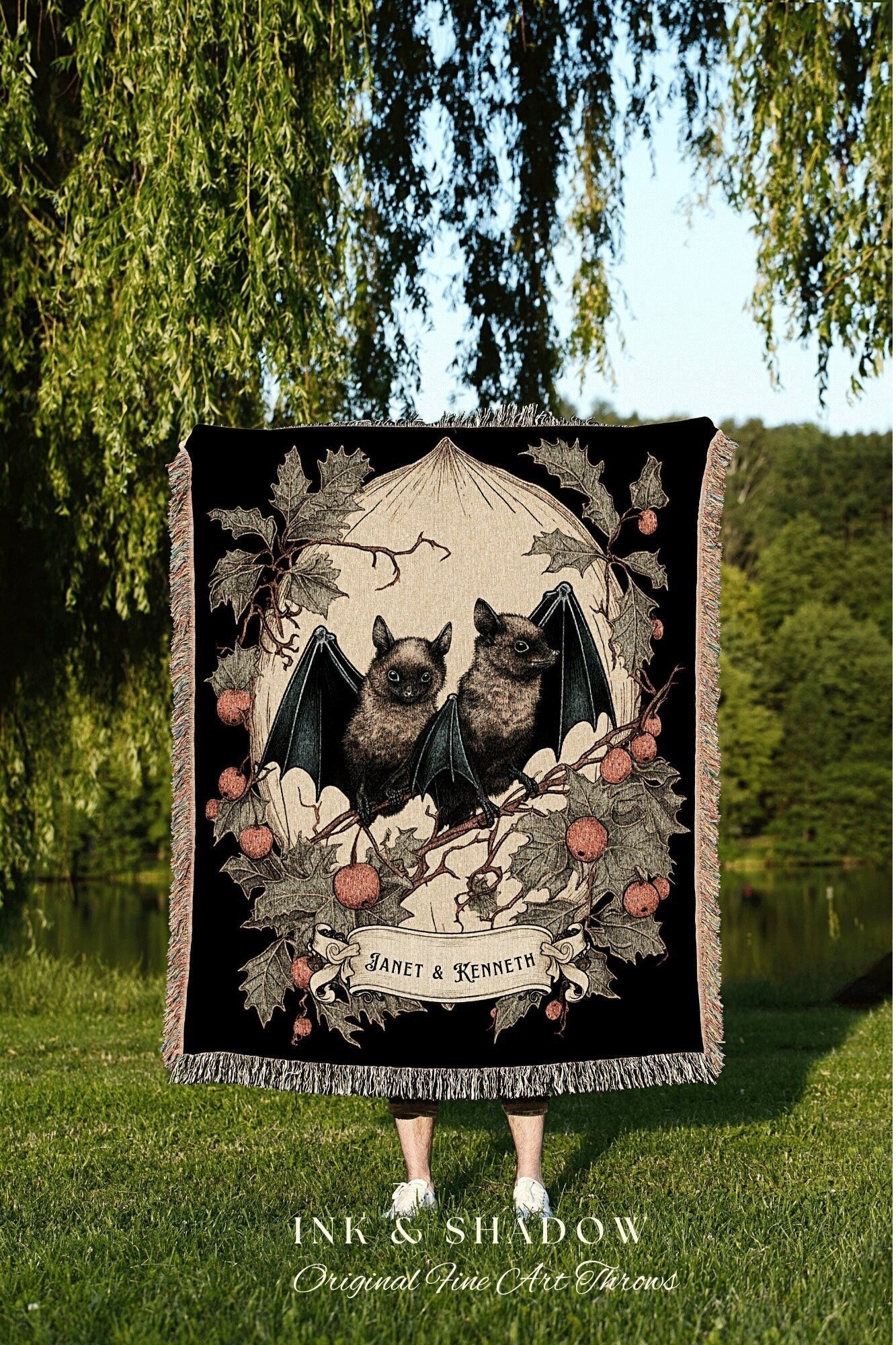 Vintage Bat Blanket Personalized Couples Gift Gothic Wedding Custom Blanket Woven | Gift for Goth Couples Holiday Bat Blanket Gothic Decor