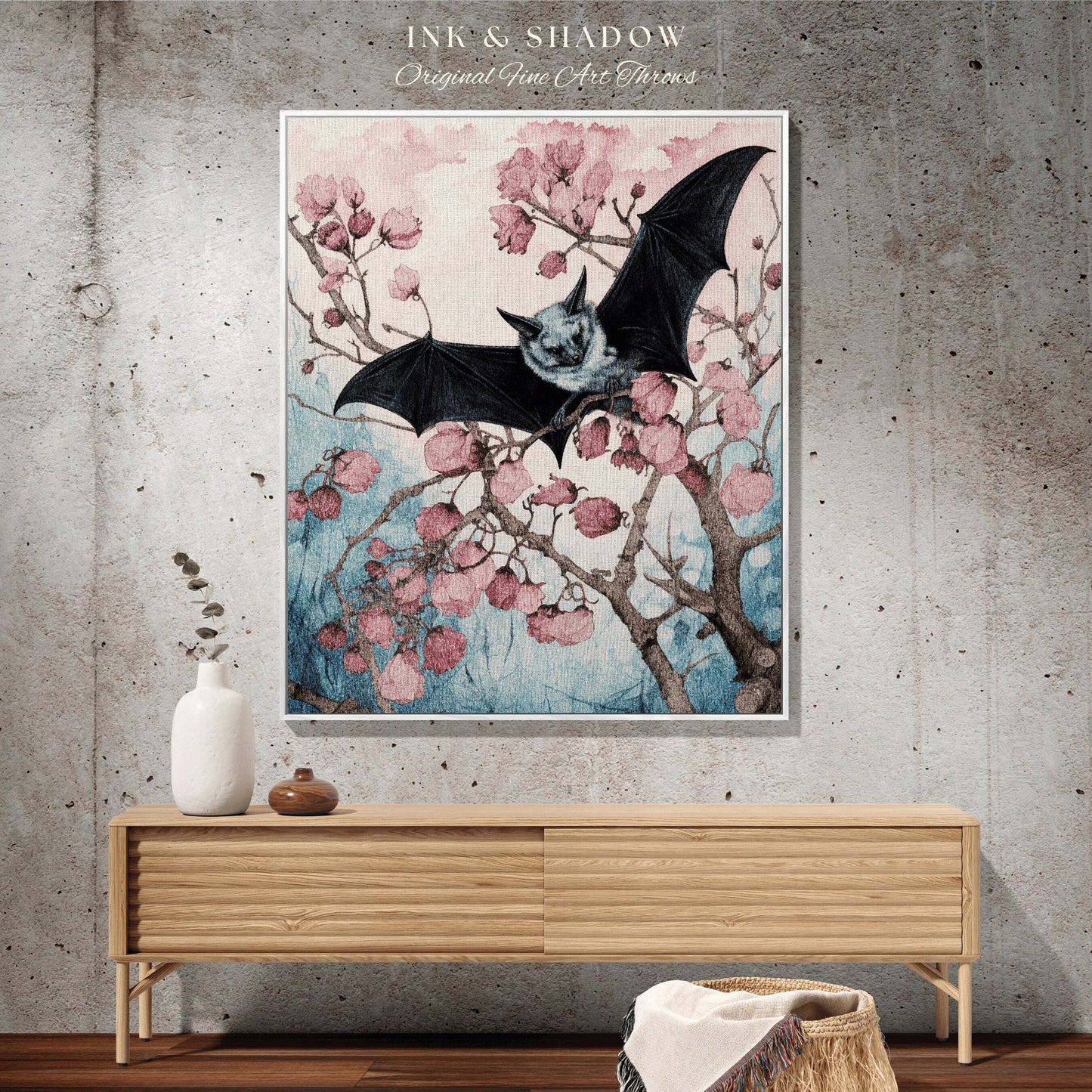 Cherry Blossom Bat Tapestry Woven Throw Blanket Pastel Decor Dark Cottagecore Art | Bat Tapestry Whimsigoth Art Gothic Decor Tapestry Woven