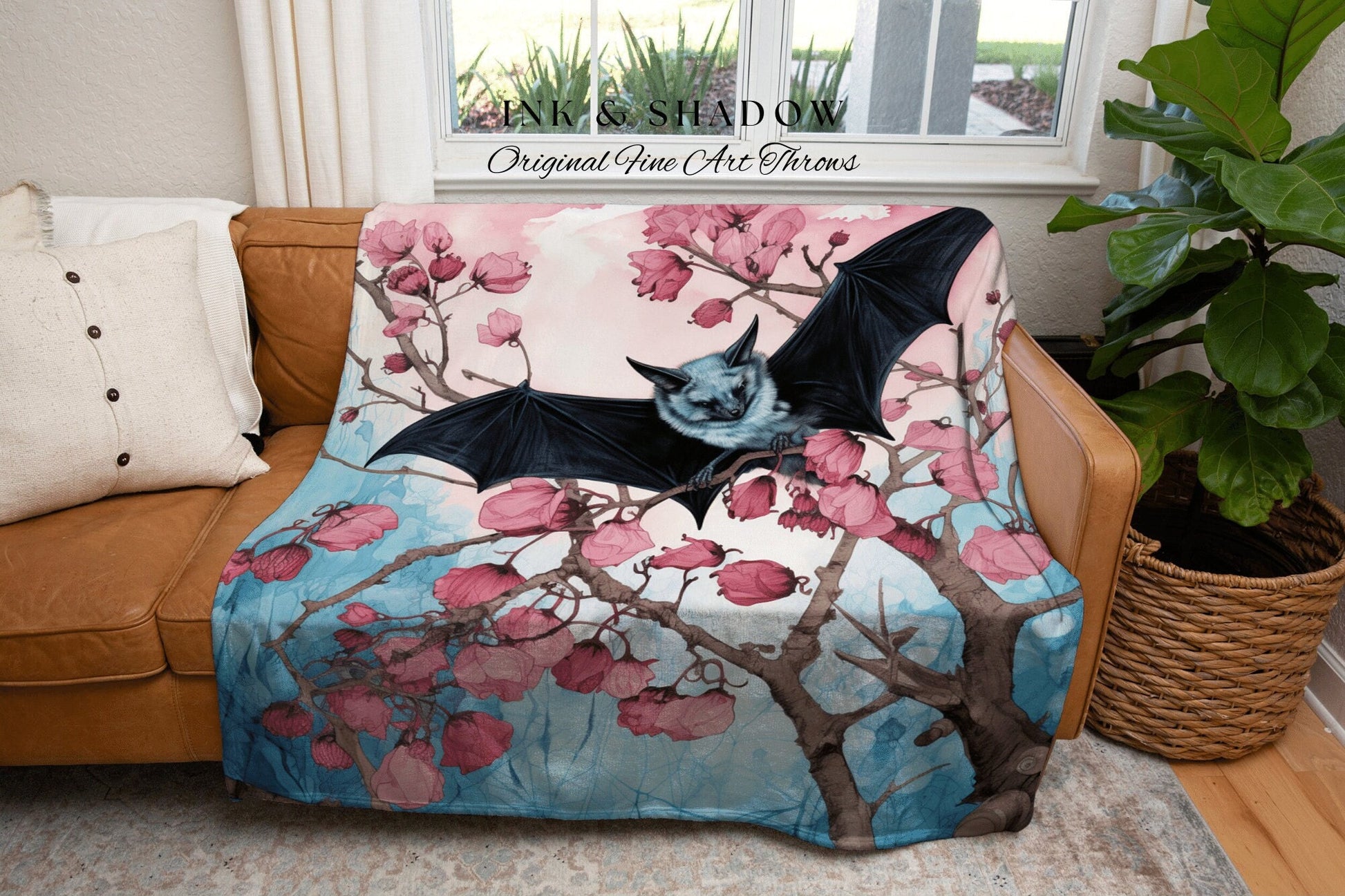 Cherry Blossom Bat Tapestry Woven Throw Blanket Pastel Decor Dark Cottagecore Art | Bat Tapestry Whimsigoth Art Gothic Decor Tapestry Woven