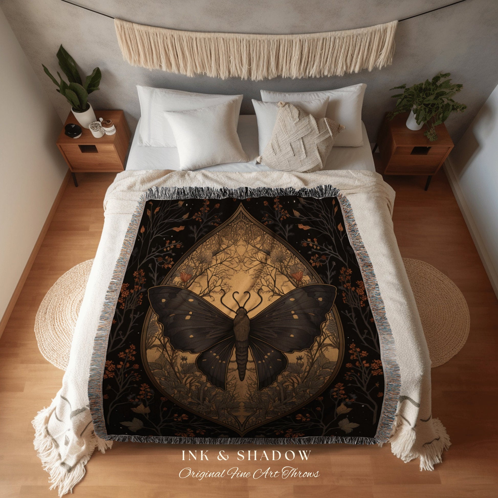 Dark Cottagecore Aesthetic Room Decor Moth Tapestry Woven | Witchy Aesthetic Room Decor Gothic Art | Celestial Tapestry Occult Decor Moth |