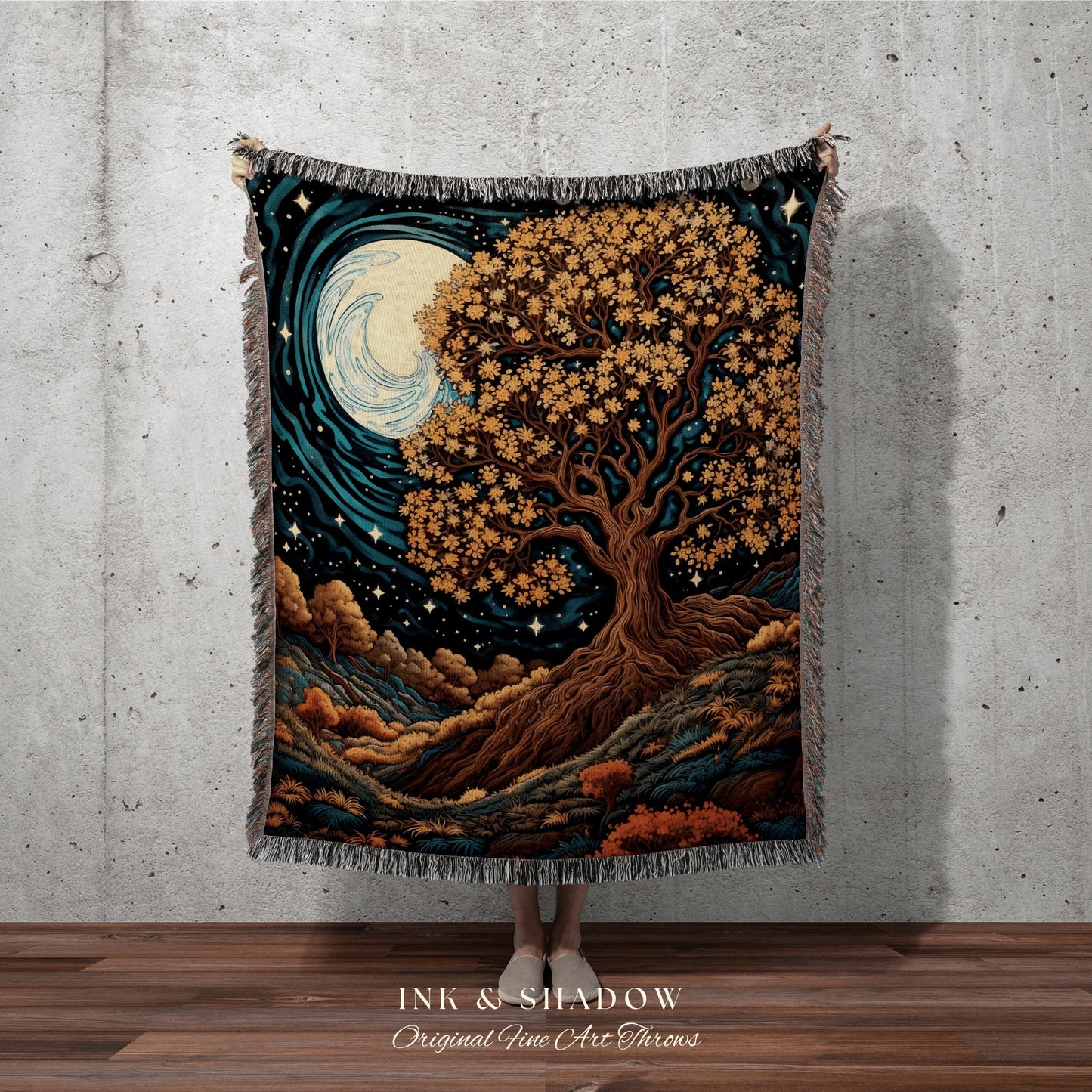 Full Harvest Moon Autumn Aesthetic Fall Tree Tapestry | Full Moon Stars Blanket Woven Wall Art Housewarming Gift Throw Blanket Cottagecore |