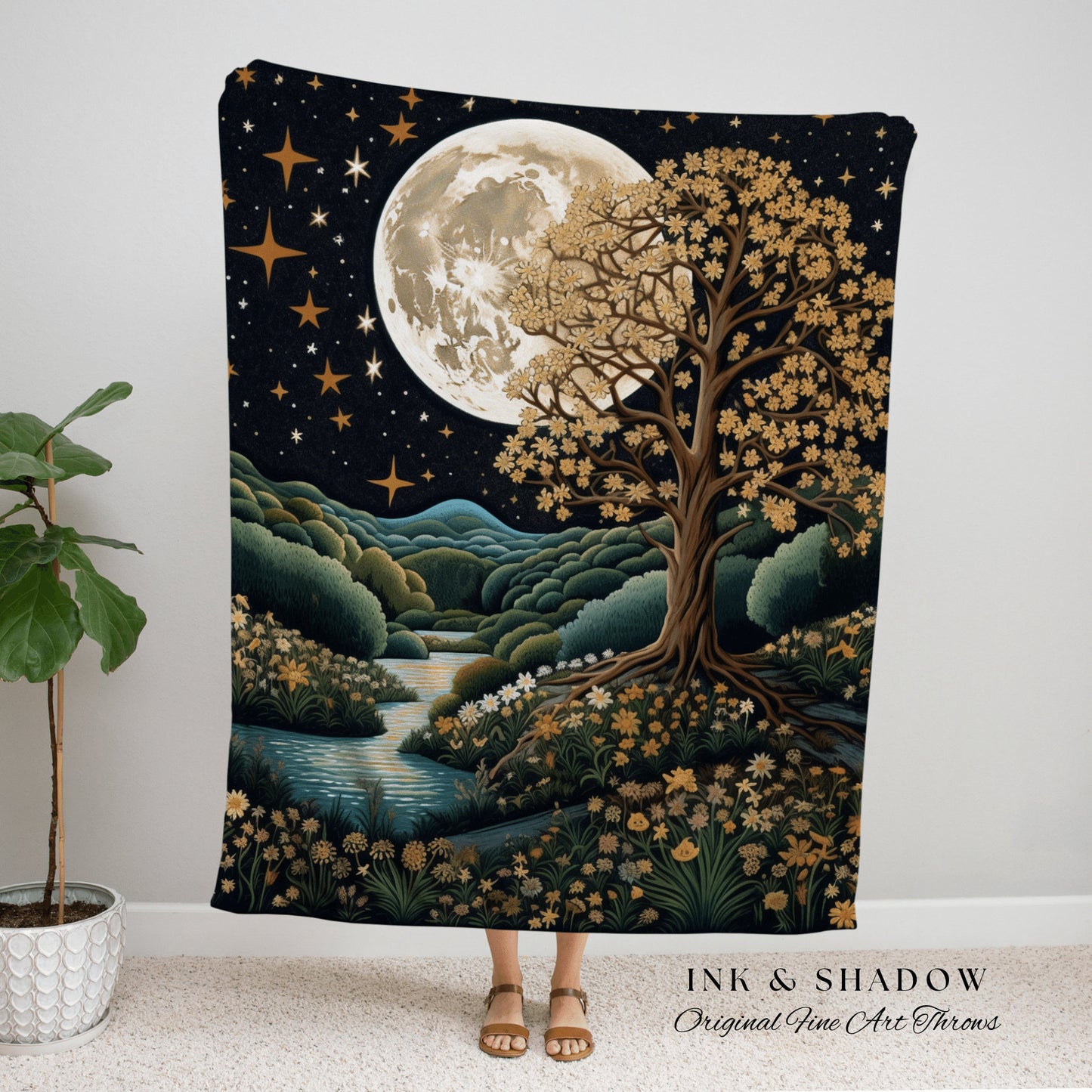 Vintage Landscape Throw Blanket Full Moon Fall Aesthetic Tree Tapestry Woven Wall Art Housewarming Gift Throw Blanket Cottagecore Aesthetic