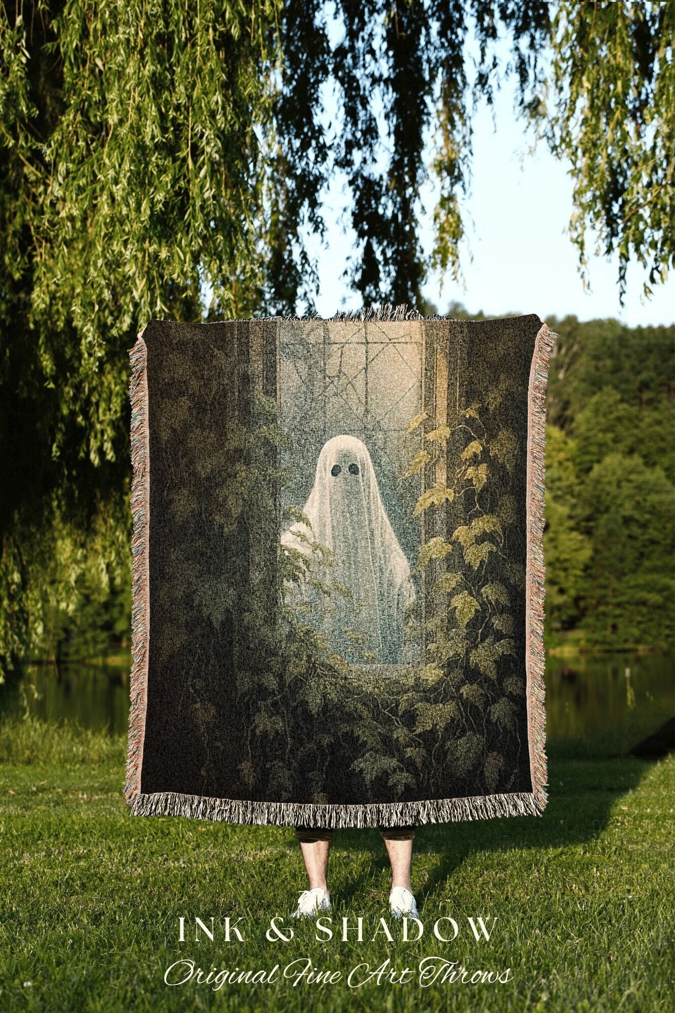 Mystical Ghost Blanket Halloween Tapestry Woven | Fall Aesthetic Vintage Ghost Art Woven Tapestry Halloween Decor Dark Academia Blanket Goth