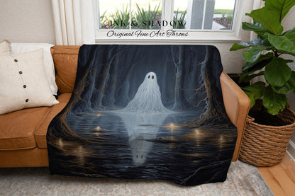 Moonlit Forest Ghost Reflection Woodland Gothic Tapestry Woven | Whimsigoth Moody Landscape Blanket Dark Cottagecore Forest Ghost Painting |